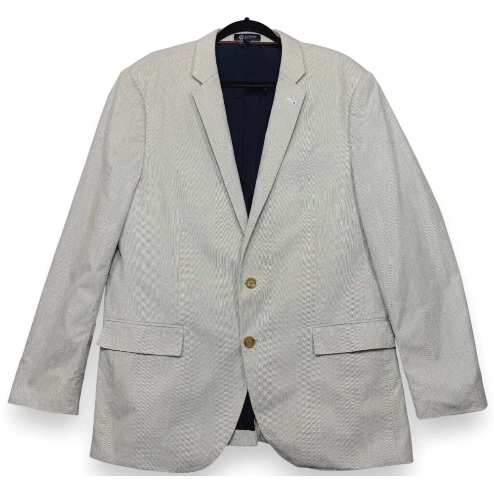 J Crew Ludlow Jacket Mens 44R Gray Seersucker Cotton Blazer Stripe 2 Button
